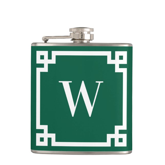 Hunter Green and White Greek Key Border Monogram Hip Flask (Front)