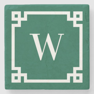 Hunter Green and White Greek Key Border Monogram Stone Coaster