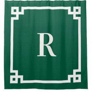 Hunter Green and White Greek Key Simple Monogram Shower Curtain
