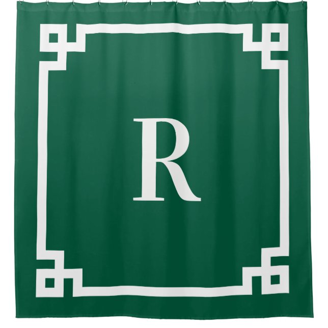 Hunter Green and White Greek Key Simple Monogram Shower Curtain (Front)