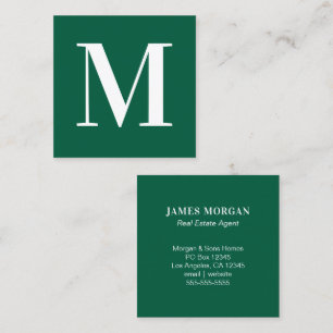 Hunter Green and White Single Letter Monogram Square Business Card