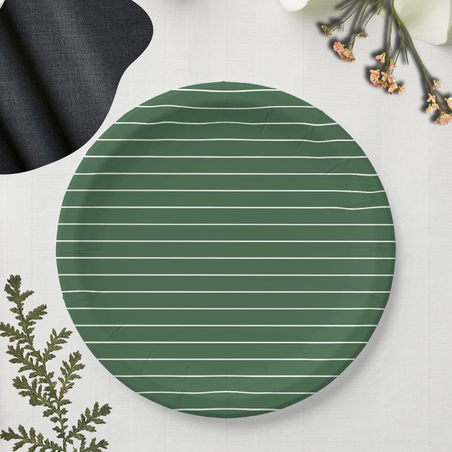 Hunter Green and White Thin Horizontal Striped Paper Plate (Creator Uploaded)