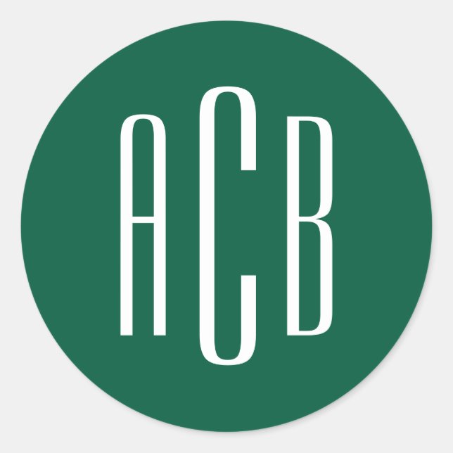 Hunter Green and White Three Letter Monogram Classic Round Sticker (Front)