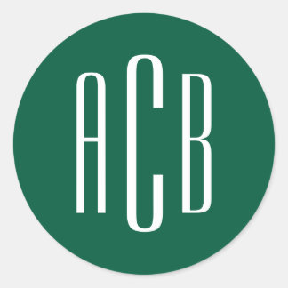 Hunter Green and White Three Letter Monogram Classic Round Sticker