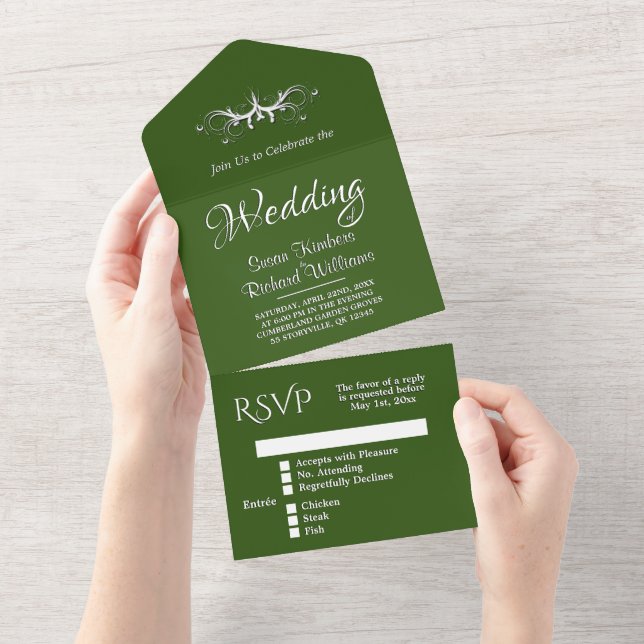  Hunter Green and White Tri Fold w Rsvp All In One Invitation (Tearaway)