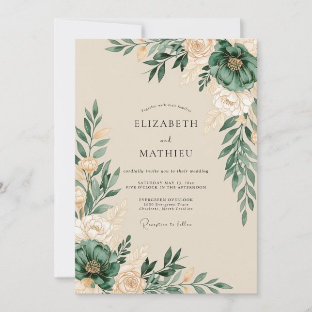 Hunter Green Artistic Botanical Wedding Invitation (Front)