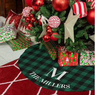 Hunter Green Black Buffalo Check Family Monogram Brushed Polyester Tree Skirt
