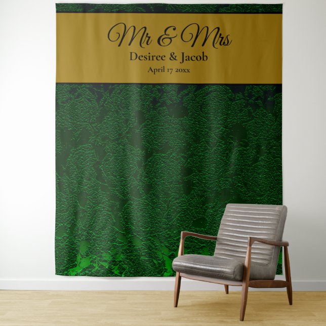 Hunter Green Black Gold Floral Wedding Backdrop Tapestry (In Situ)