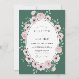 Hunter Green Blush Wreath Wedding Invitation