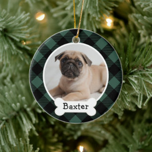 Hunter Green Buffalo Plaid Christmas Dog Photo Ceramic Tree Decoration