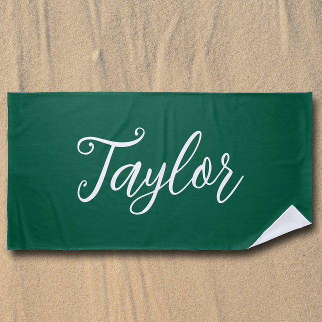 Hunter Green Chic Customised Handwritten Script Beach Towel (Creator Uploaded)