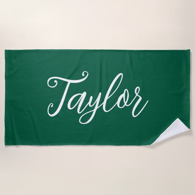 Hunter Green Chic Customized Handwritten Script Beach Towel (Front)