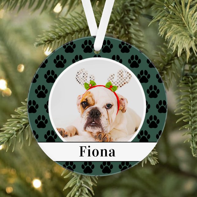 Hunter Green Dog Photo Script Name Paw Print Ornament (Creator Uploaded)