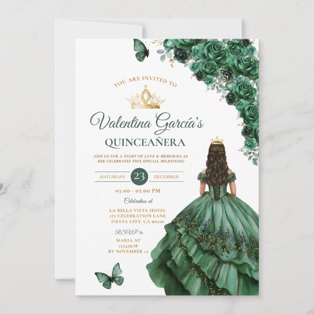Hunter Green Dress Quinceañera 15 Anos Floral Gold Invitation (Front)