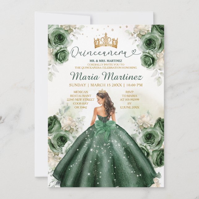 Hunter Green Floral Princess Gold Quiñceanera Invitation (Front)