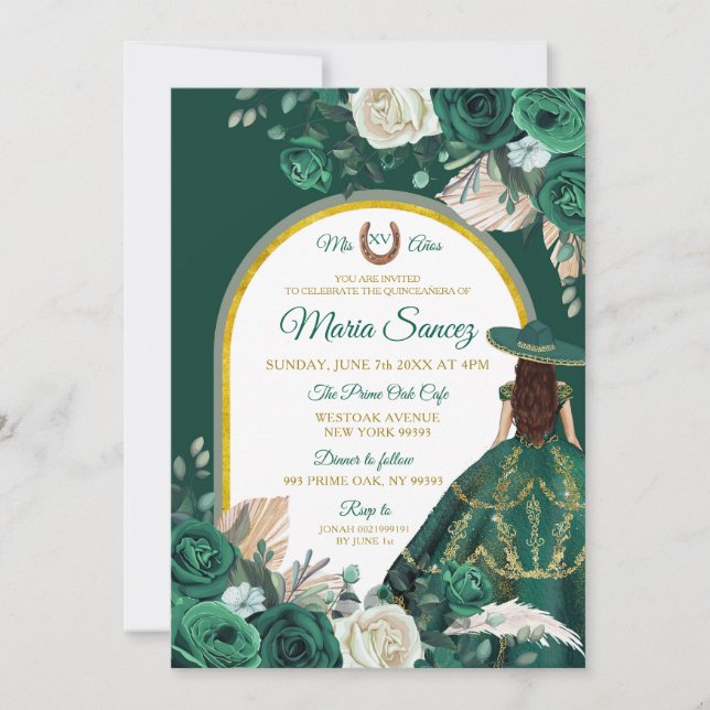 Hunter Green Floral Princess Quinceañera Invitation (Front)