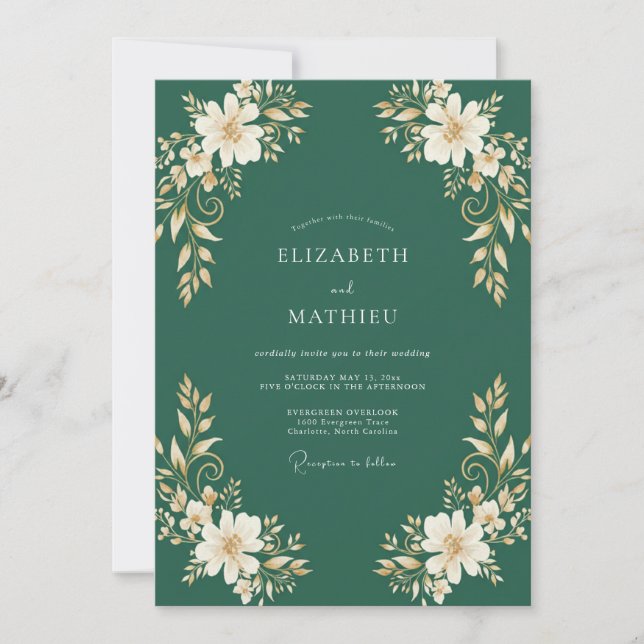 Hunter Green Gilded Botanical Wedding Invitation (Front)