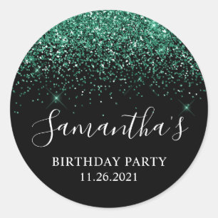 Hunter Green Glitter Black Birthday Party Classic Round Sticker