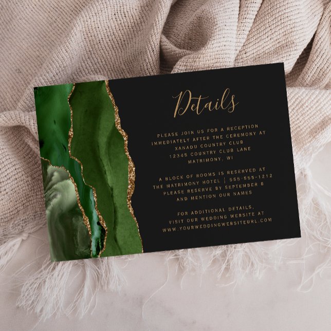 Hunter Green Gold Agate Dark Wedding Details Enclosure Card (Creator Uploaded)