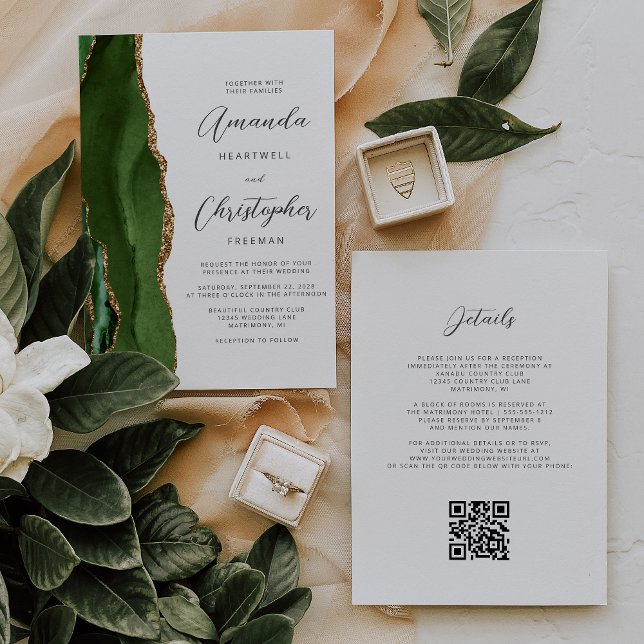 Hunter Green Gold Agate QR Code Wedding Invitation (Creator Uploaded)
