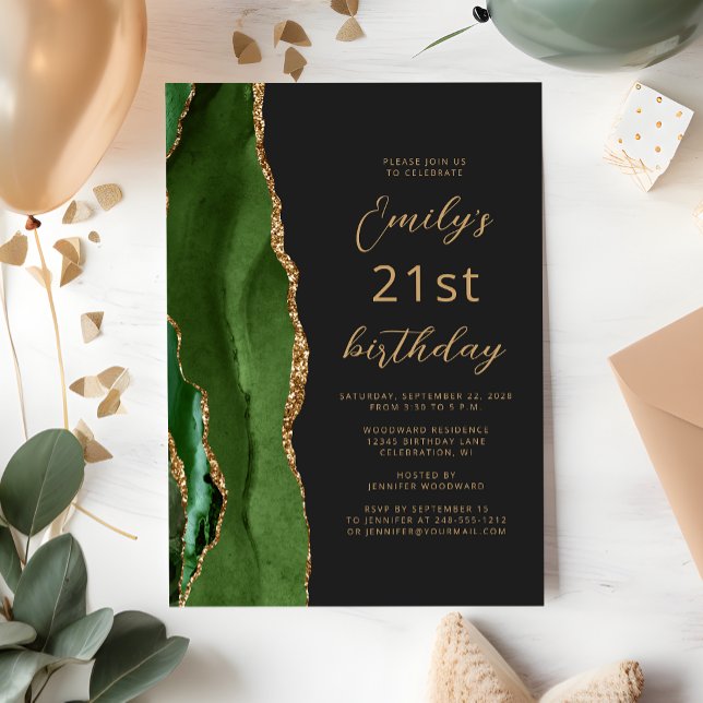 Hunter Green Gold Agate Slate Script 21st Birthday Invitation (Creator Uploaded)