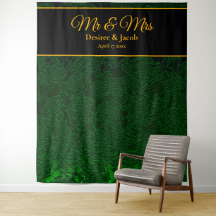 Hunter Green Gold Black Floral Wedding Backdrop Tapestry