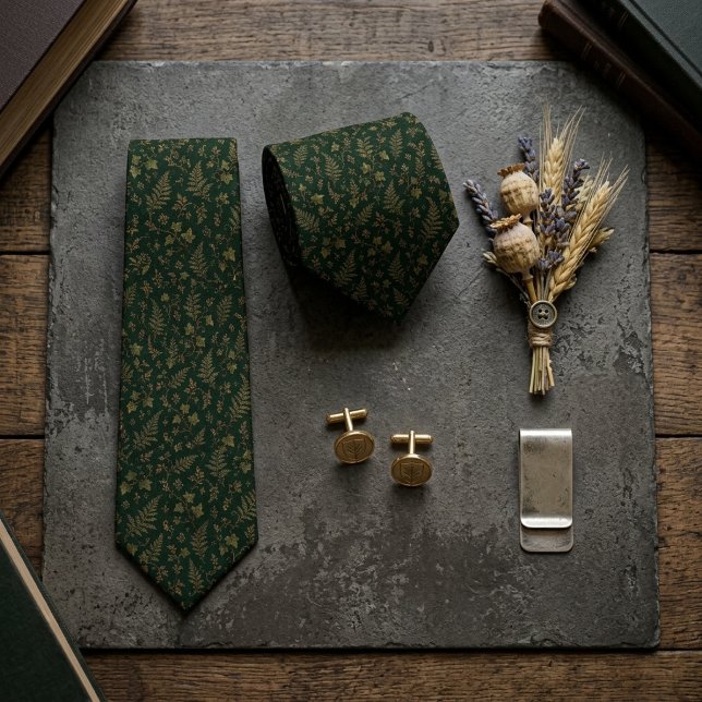 Hunter Green Gold Fern Ivy Botanical Tie (Creator Uploaded)