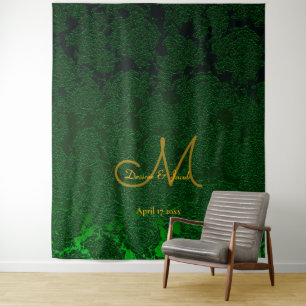 Hunter Green Gold Monogram Wedding Photo Booth Tapestry