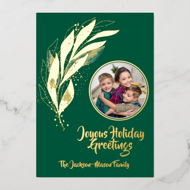 Hunter Green Gold Watercolor Leaf Joyous Holiday  (Front)
