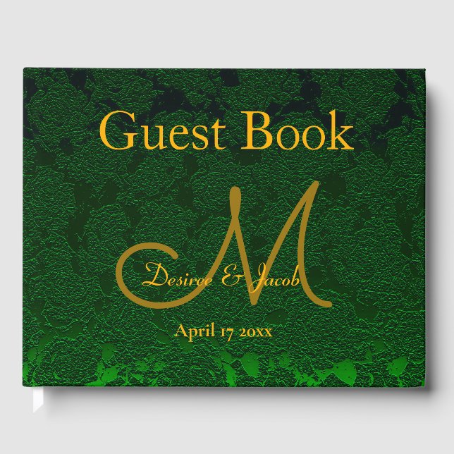 Hunter Green Gold Wedding Reception Monogram Guest Book (Front)