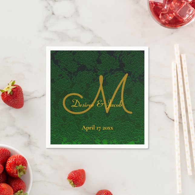 Hunter Green Gold Wedding Reception Monogram Napkin (Insitu)