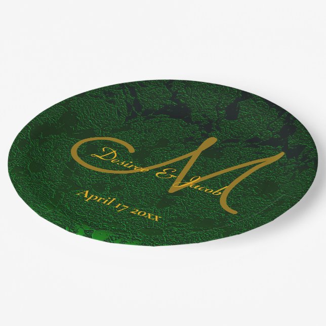 Hunter Green Gold Wedding Reception Monogram Paper Plate (Angled)