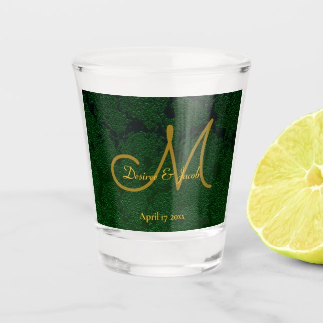 Hunter Green Gold Wedding Reception Monogram Shot Glass (Front)
