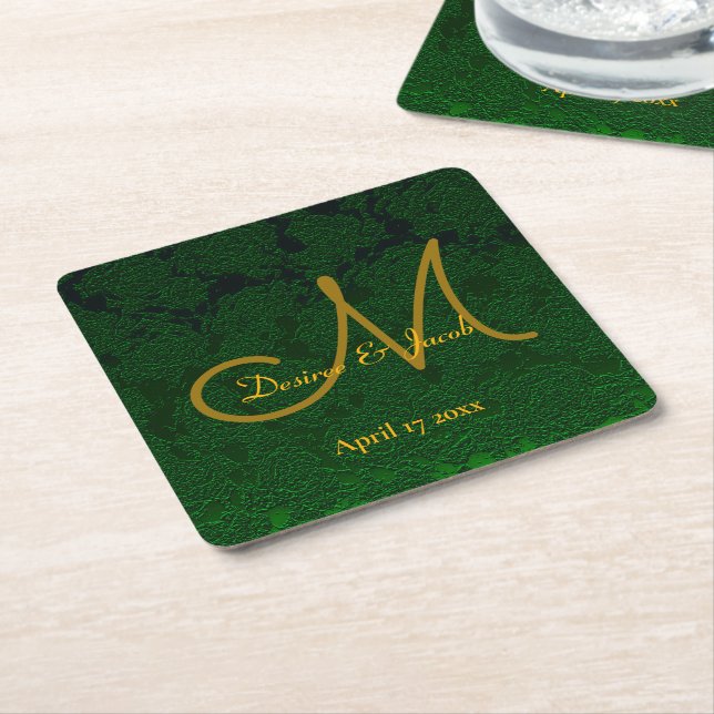Hunter Green Gold Wedding Reception Monogram Square Paper Coaster (Angled)