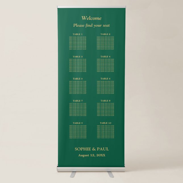 Hunter Green Golden Beige 10 Table Seating Chart Retractable Banner (Front)