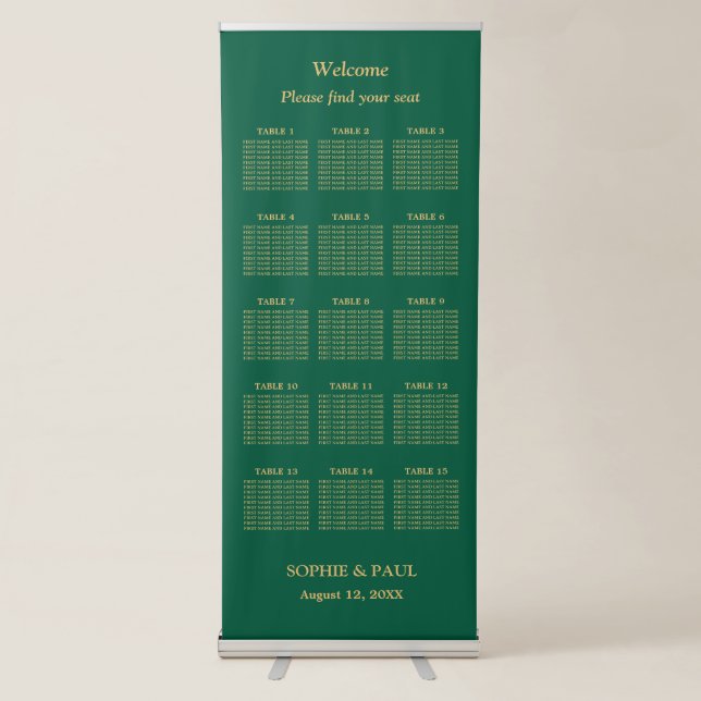 Hunter Green Golden Beige 15 Table Seating Chart Retractable Banner (Front)
