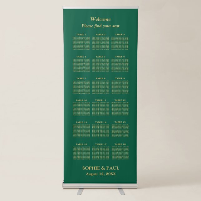 Hunter Green Golden Beige 18 Table Seating Chart Retractable Banner (Front)