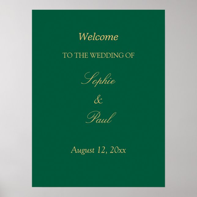 Hunter Green Golden Beige Wedding Welcome Poster (Front)