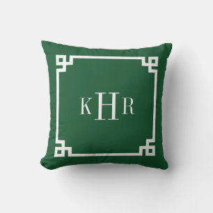 Hunter Green Greek Key Border Custom Monogram Cushion