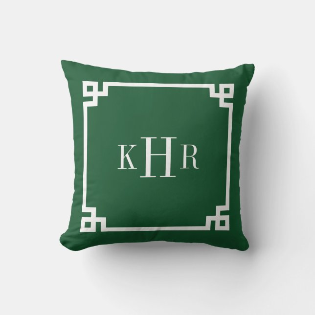 Hunter Green Greek Key Border Custom Monogram Cushion (Front)