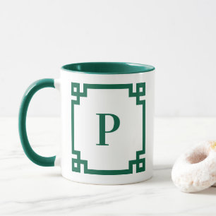 Hunter Green Greek Key Border Monogram Mug