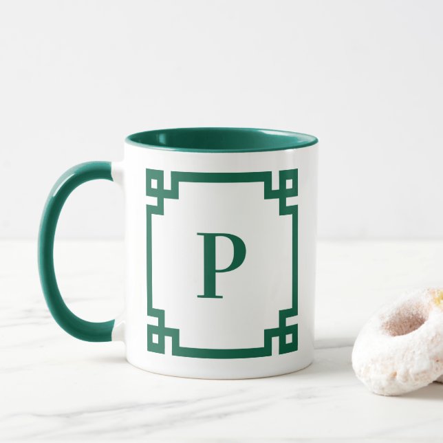 Hunter Green Greek Key Border Monogram Mug (With Donut)