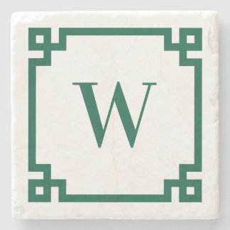 Hunter Green Greek Key Border Monogram Stone Coaster