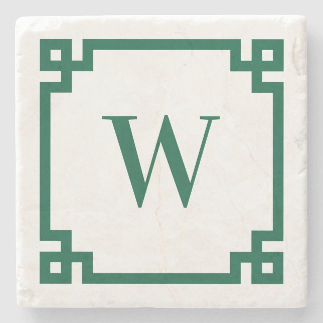 Hunter Green Greek Key Border Monogram Stone Coaster (Front)