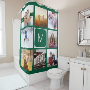 Hunter Green Greek Key Monogram 8 Photo Collage Shower Curtain