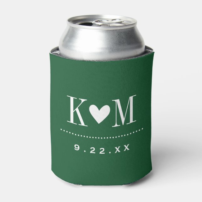 Hunter Green Modern Wedding Monogram Can Cooler (Can Front)