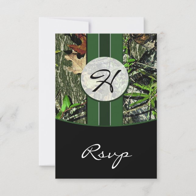 Hunter Green Monogram Camo Wedding RSVP Cards (Front)