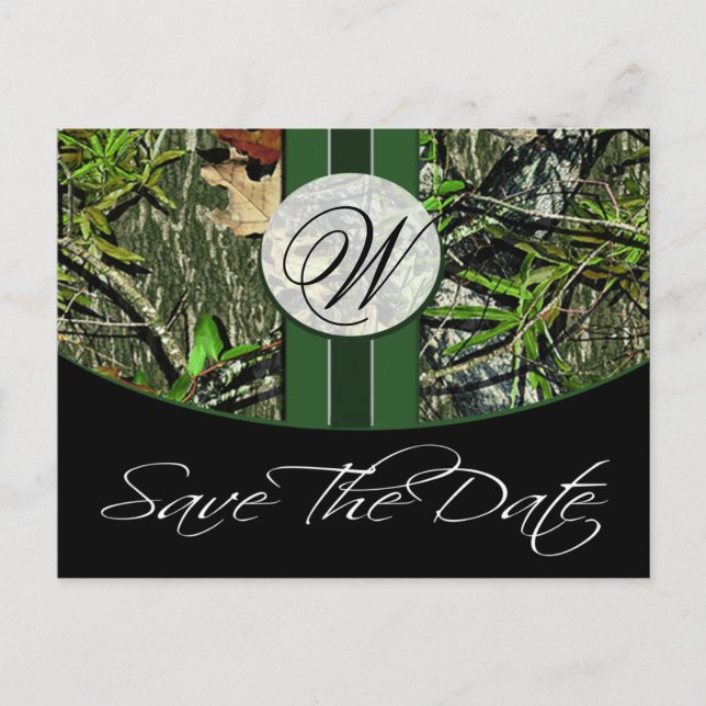Hunter Green Monogram Camo Wedding Save the Dates Announcement Postcard (Front)