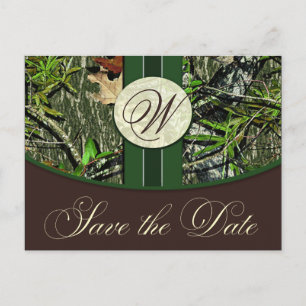 Hunter Green Monogram Camo Wedding Save the Dates Announcement Postcard