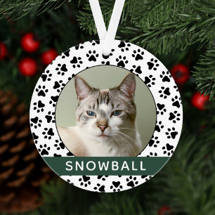 Hunter Green Monogram Cat Pet Paw Prints Holiday Ornament
